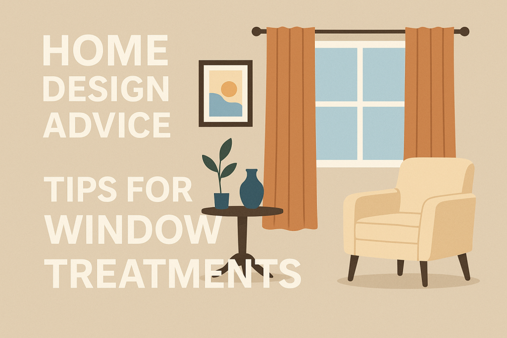 Modern home interior with orange curtains, a window, artwork, a beige chair, and decorative vases on a table — home decor inspiration.