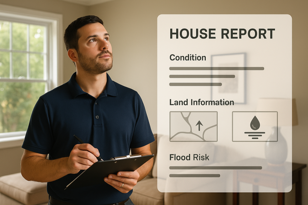 Home inspector reviewing house report with data overlays showing property condition, land information, and flood risk 