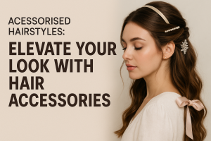 A young woman with styled brown hair wears elegant hair accessories including a pearl barrette, ribbon bow, jeweled clip, and satin headband, against a soft beige background.