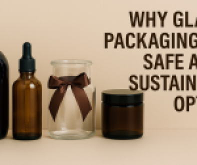 Four eco-friendly glass containers—amber bottle, dropper bottle, clear jar with ribbon, and dark jar—arranged on a beige surface with a sustainability message.