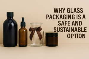 Four eco-friendly glass containers—amber bottle, dropper bottle, clear jar with ribbon, and dark jar—arranged on a beige surface with a sustainability message.