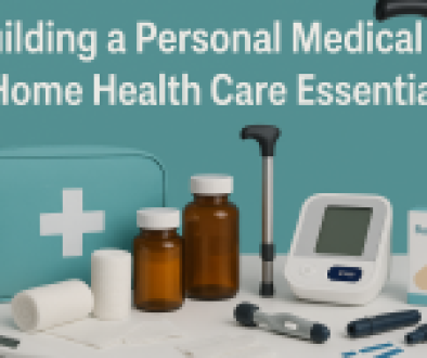 A neatly arranged personal medical kit featuring a teal first aid bag, pill bottles, glucose monitors, bandages, thermometer, wound care supplies, and mobility aids on a clean white surface.