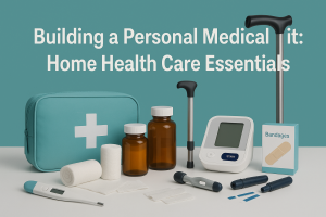 A neatly arranged personal medical kit featuring a teal first aid bag, pill bottles, glucose monitors, bandages, thermometer, wound care supplies, and mobility aids on a clean white surface.