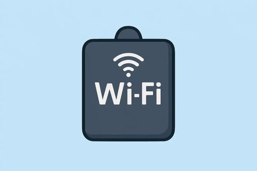 Illustration of a Wi-Fi router with a signal icon and the text "Wi-Fi" on a dark gray background, set against a light blue backdrop.