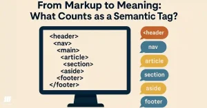 Illustration of a computer screen displaying Semantic HTML5 tags including header, nav, main, article, section, aside, and footer, with corresponding labels in speech bubbles.