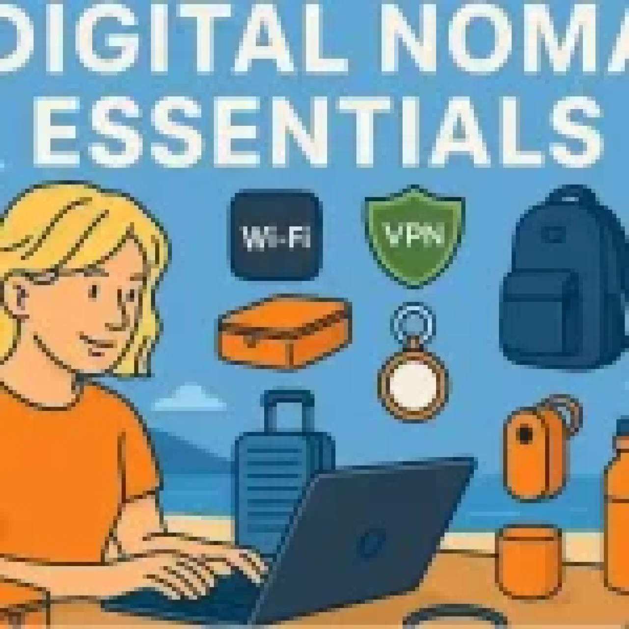 Digital nomad working on a laptop at a beachside table with icons of Wi-Fi, VPN, backpack, suitcase, packing cubes, travel adaptor, water bottle, and luggage tracker.