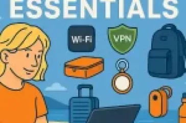 Digital nomad working on a laptop at a beachside table with icons of Wi-Fi, VPN, backpack, suitcase, packing cubes, travel adaptor, water bottle, and luggage tracker.