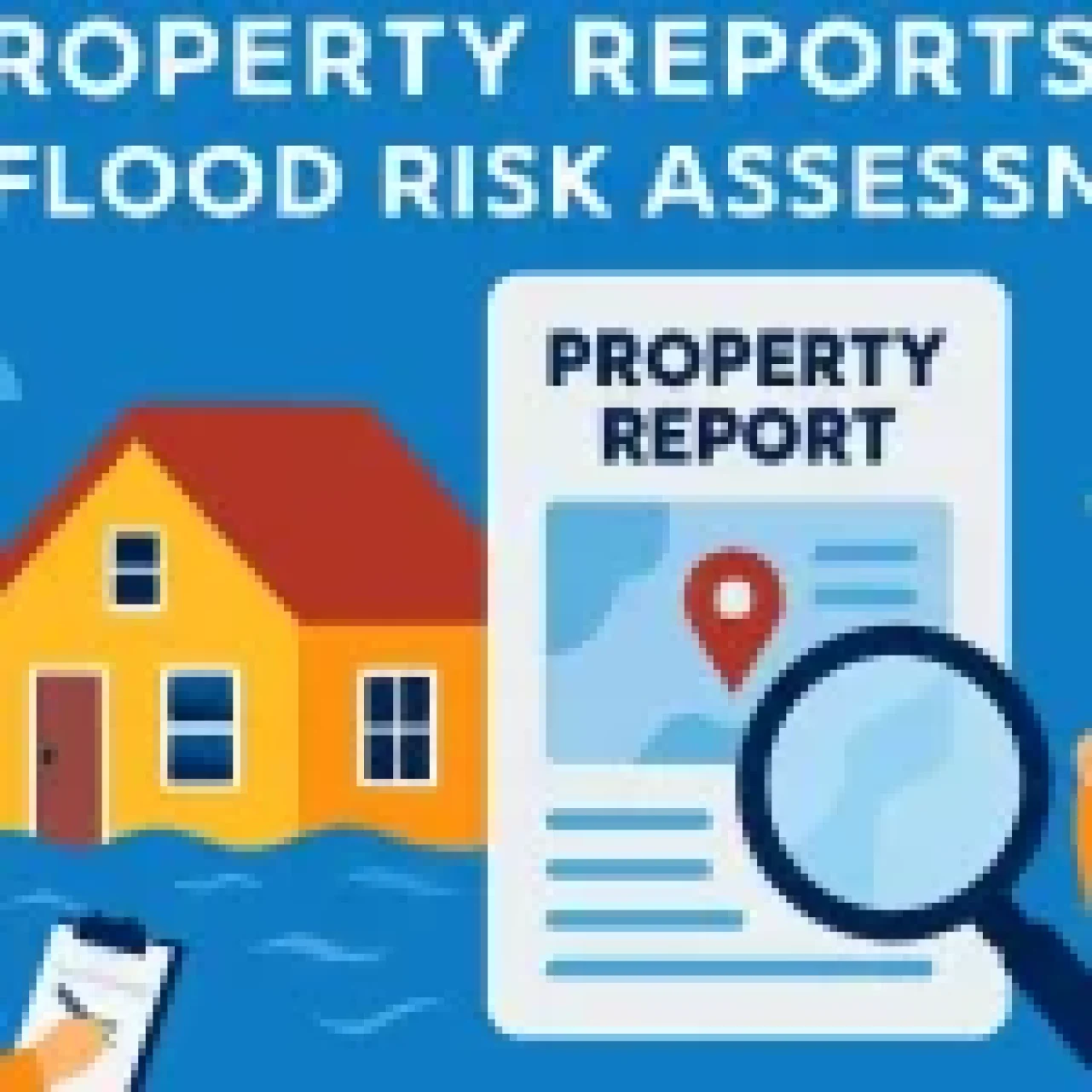 Property landscape showing digital flood risk overlays, predictive modelling charts, and climate warning icons