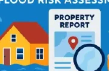 Property landscape showing digital flood risk overlays, predictive modelling charts, and climate warning icons