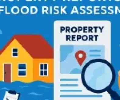 Property landscape showing digital flood risk overlays, predictive modelling charts, and climate warning icons