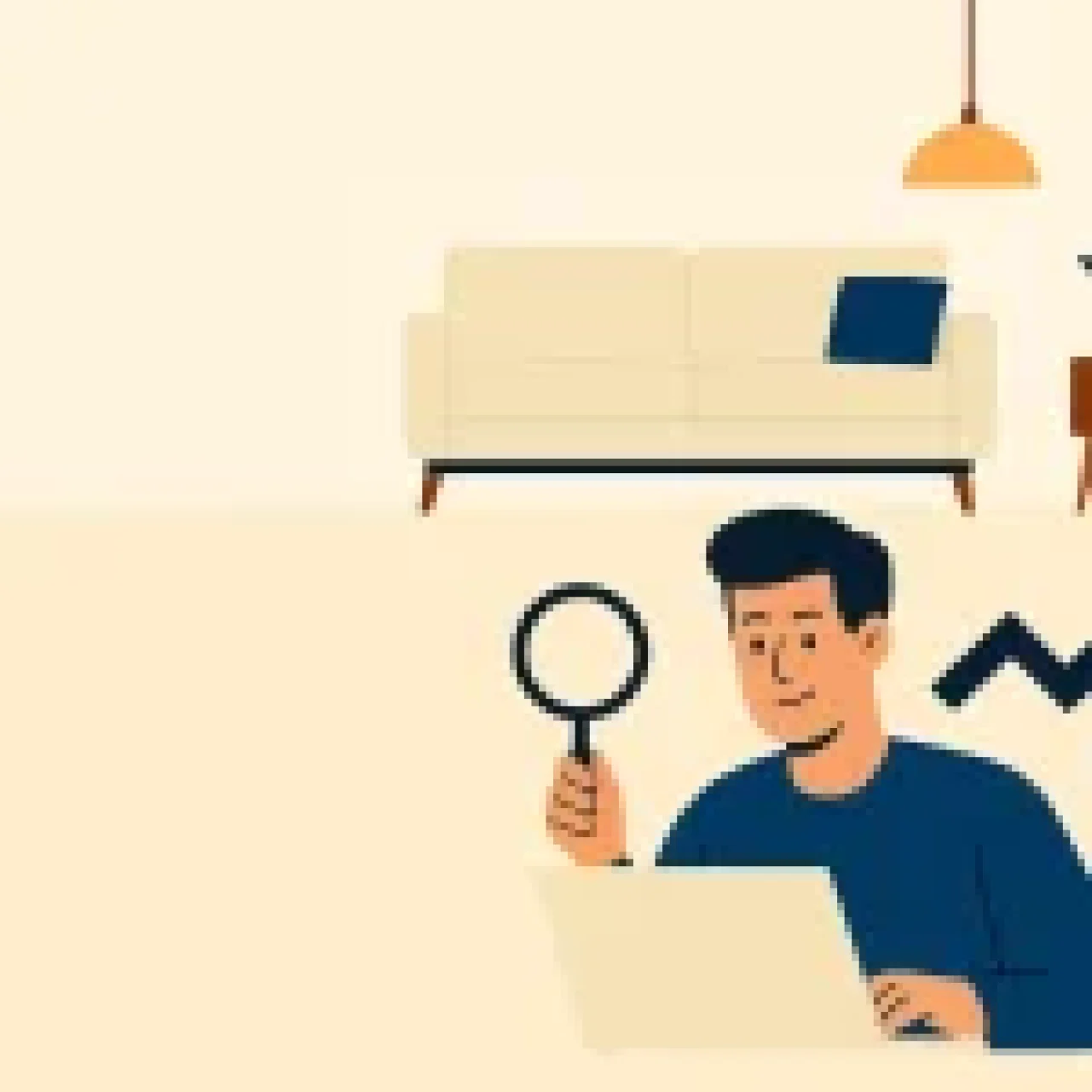 A person using a magnifying glass over a laptop with a rising arrow, symbolizing market research growth, in a cozy room with a sofa and plant.