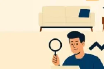 A person using a magnifying glass over a laptop with a rising arrow, symbolizing market research growth, in a cozy room with a sofa and plant.