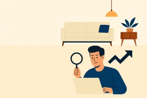 A person using a magnifying glass over a laptop with a rising arrow, symbolizing market research growth, in a cozy room with a sofa and plant.