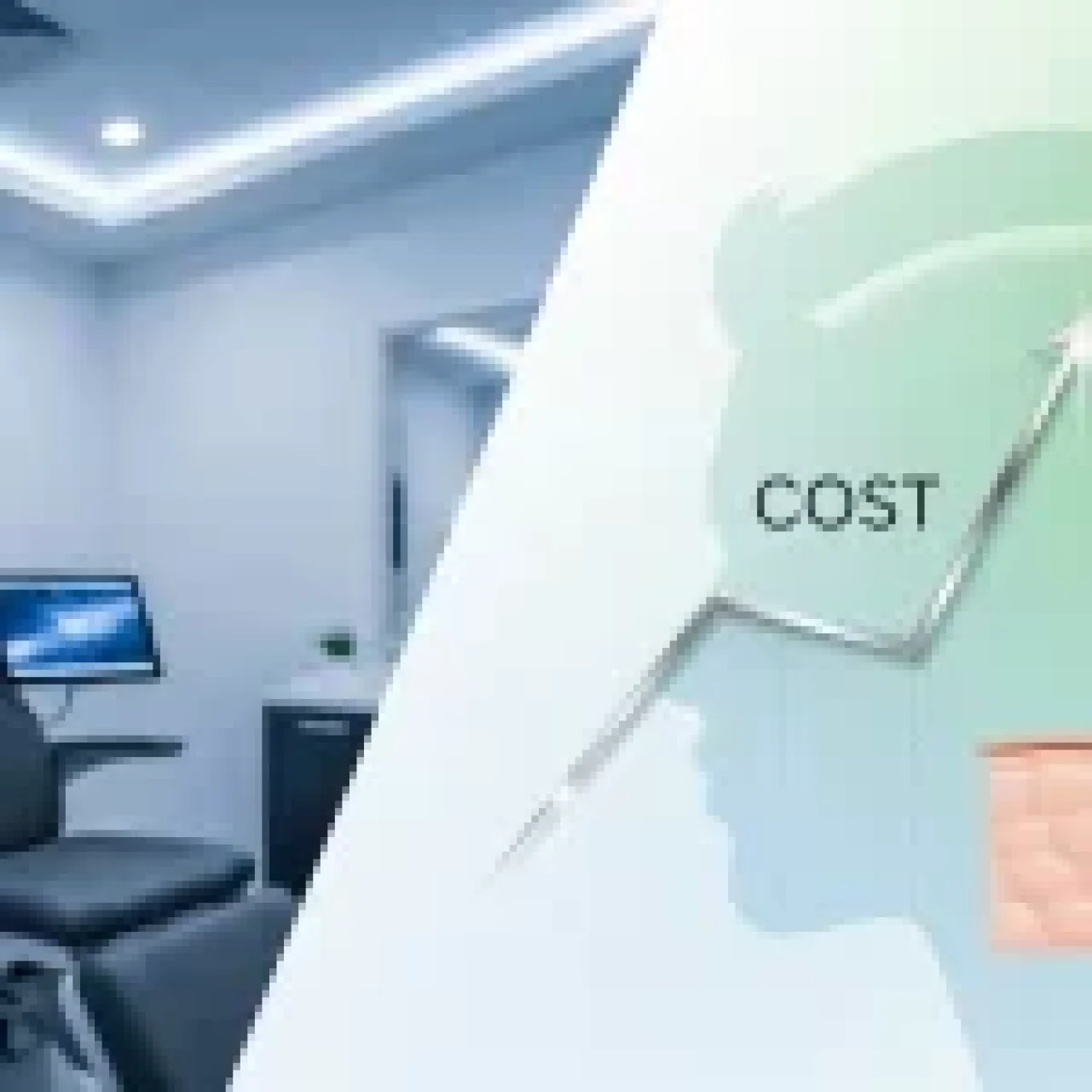 A split image showing a modern hair transplant clinic consultation room on the left, and a graphic on the right with an upward-trending "COST" graph, a stylized hair follicle, and a silhouette of a person with a restored hairline, all in cool blues, greens, and whites.