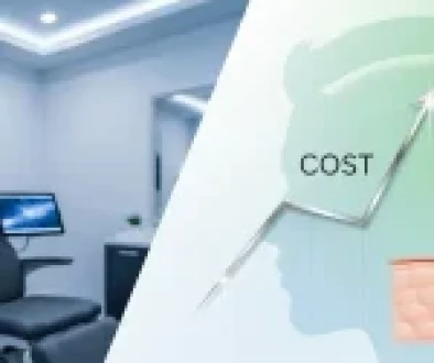 A split image showing a modern hair transplant clinic consultation room on the left, and a graphic on the right with an upward-trending "COST" graph, a stylized hair follicle, and a silhouette of a person with a restored hairline, all in cool blues, greens, and whites.