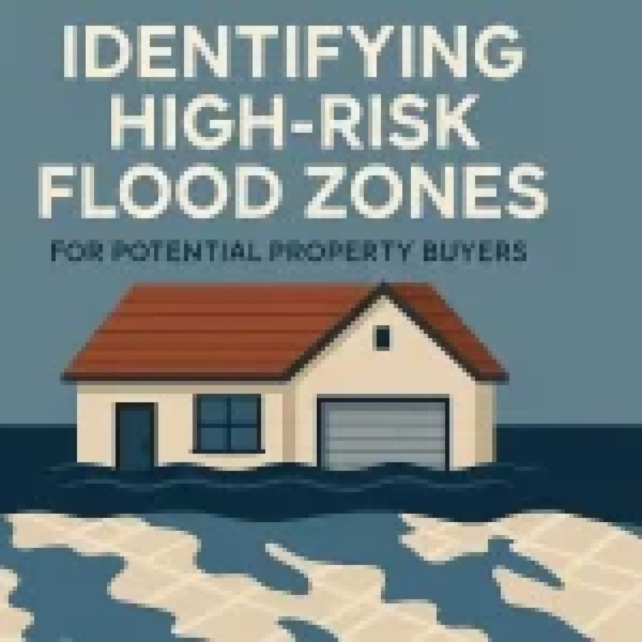 Illustration of a house surrounded by floodwater with the text "Identifying High-Risk Flood Zones for Potential Property Buyers.