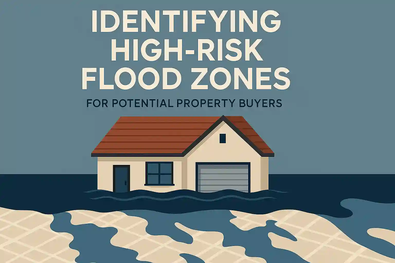 Illustration of a house surrounded by floodwater with the text "Identifying High-Risk Flood Zones for Potential Property Buyers.