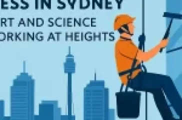 Illustration of a worker using industrial rope access to clean a high-rise window in Sydney, with a city skyline including the Sydney Tower in the background.