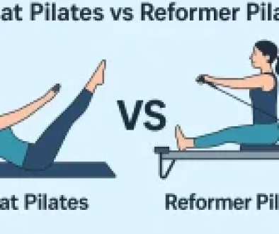 Illustration comparing Mat Pilates on a mat versus Reformer Pilates on a machine, showing a person performing each exercise.