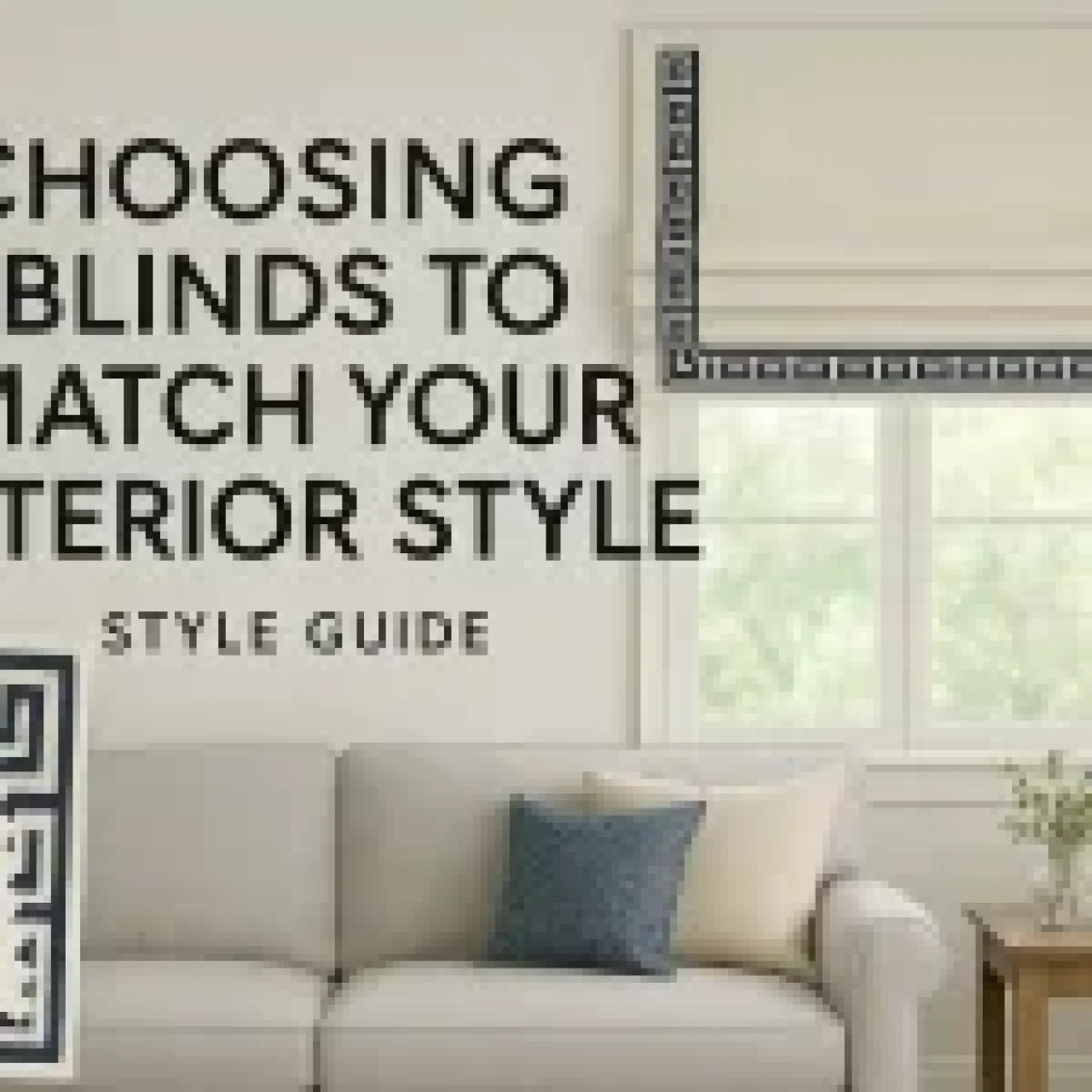 Cozy living room with a sofa, table lamp, and window blinds featuring a geometric pattern.