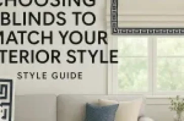 Cozy living room with a sofa, table lamp, and window blinds featuring a geometric pattern.