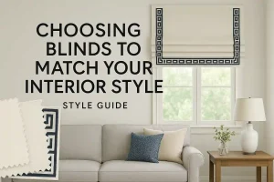 Cozy living room with a sofa, table lamp, and window blinds featuring a geometric pattern.