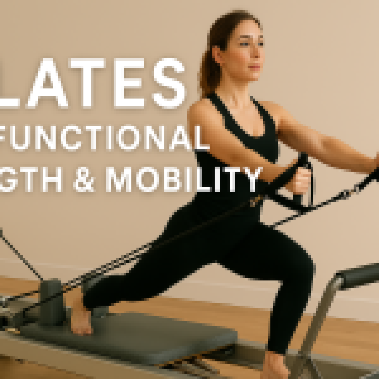 A woman performing Pilates on a reformer machine, focusing on functional strength and mobility.
