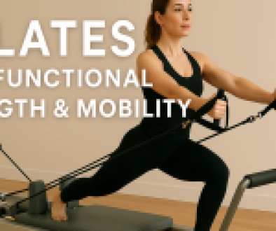 A woman performing Pilates on a reformer machine, focusing on functional strength and mobility.