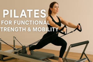 A woman performing Pilates on a reformer machine, focusing on functional strength and mobility.