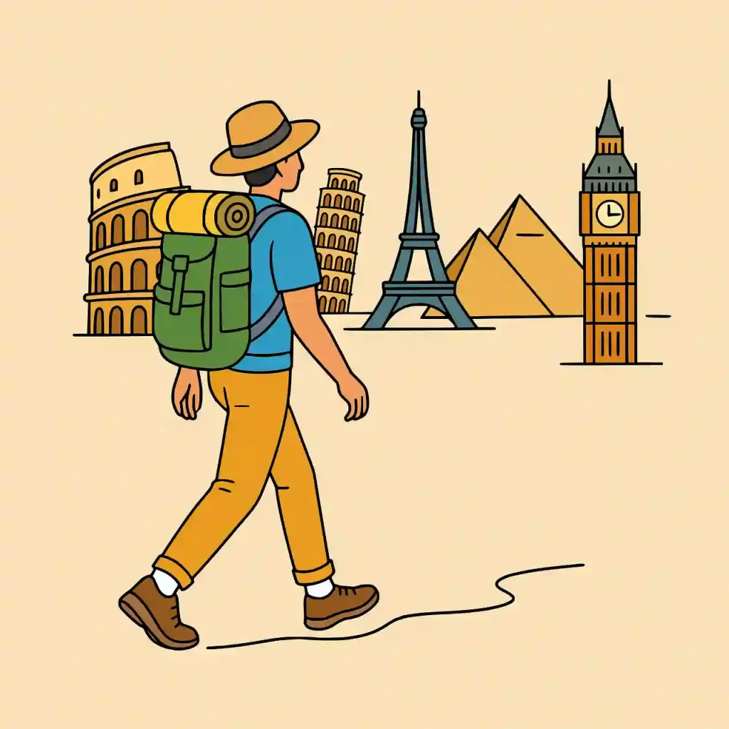 Illustration of a traveler with a backpack and hat walking past iconic landmarks, including the Colosseum, Eiffel Tower, Pyramids of Giza, and Big Ben, symbolizing a global journey.