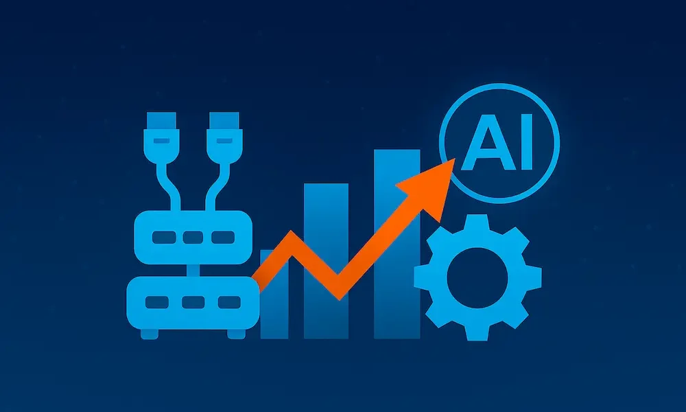 Infographic showing surge in high-speed networking gear driven by AI workloads, featuring a glowing AI icon, upward-trending bar graph, Ethernet switch illustration, and a dark blue background with a network of interconnected nodes representing digital networking.