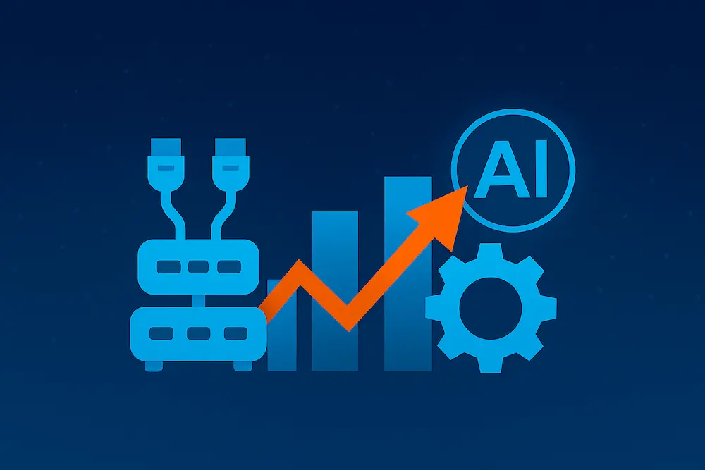 Infographic showing surge in high-speed networking gear driven by AI workloads, featuring a glowing AI icon, upward-trending bar graph, Ethernet switch illustration, and a dark blue background with a network of interconnected nodes representing digital networking.