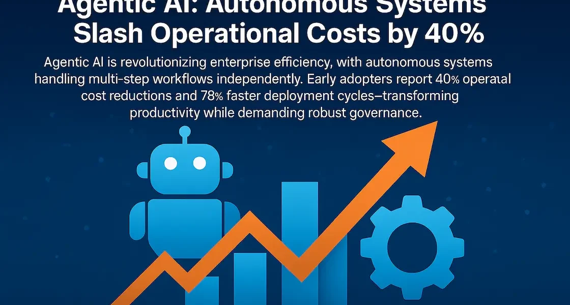 Infographic illustrating Agentic AI adoption with a robot icon, ascending bar chart, downward-pointing arrow, and gear symbol. Background features a digital network of glowing blue lines and nodes.