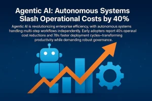 Infographic illustrating Agentic AI adoption with a robot icon, ascending bar chart, downward-pointing arrow, and gear symbol. Background features a digital network of glowing blue lines and nodes.