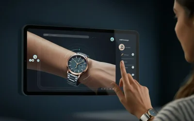 Smartphone screen displaying virtual try-on watches with hand pointing at app interface showing watch brands like MURNA and OVE.