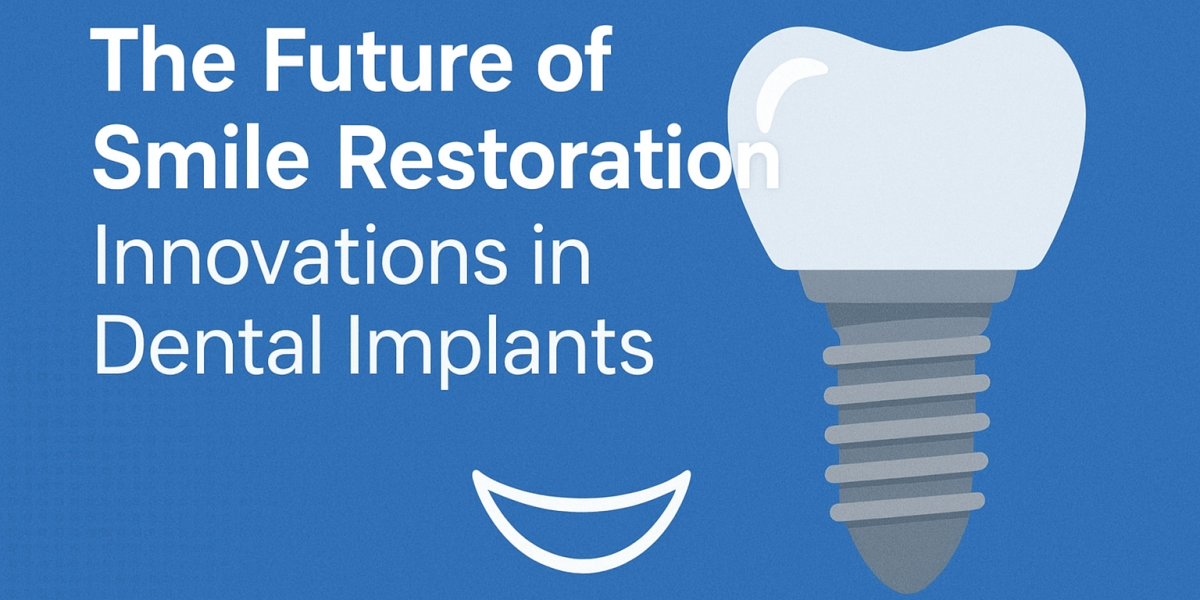 The Future of Smile Restoration – Innovations in Dental Implants featuring advanced materials, 3D printing, and robotic-assisted surgery.