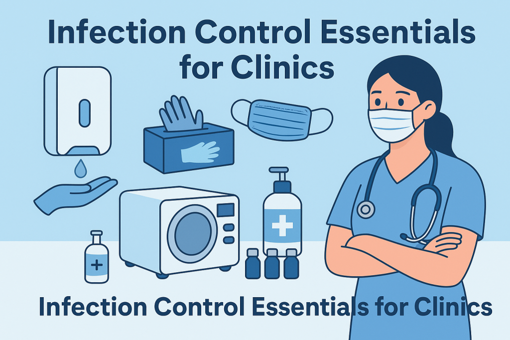 Infection control essentials for clinics showing medical equipment, gloves, masks, sanitizer, autoclave, and a healthcare professional.