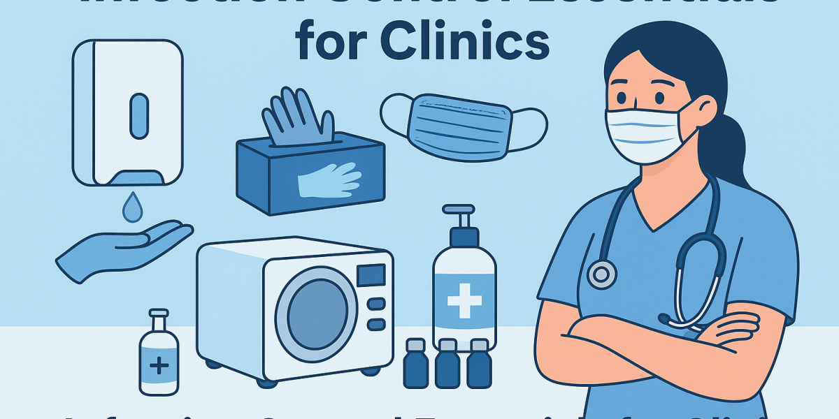 Infection control essentials for clinics showing medical equipment, gloves, masks, sanitizer, autoclave, and a healthcare professional.