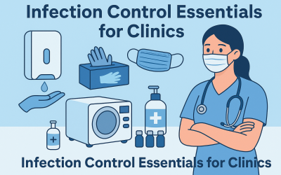 Infection control essentials for clinics showing medical equipment, gloves, masks, sanitizer, autoclave, and a healthcare professional.