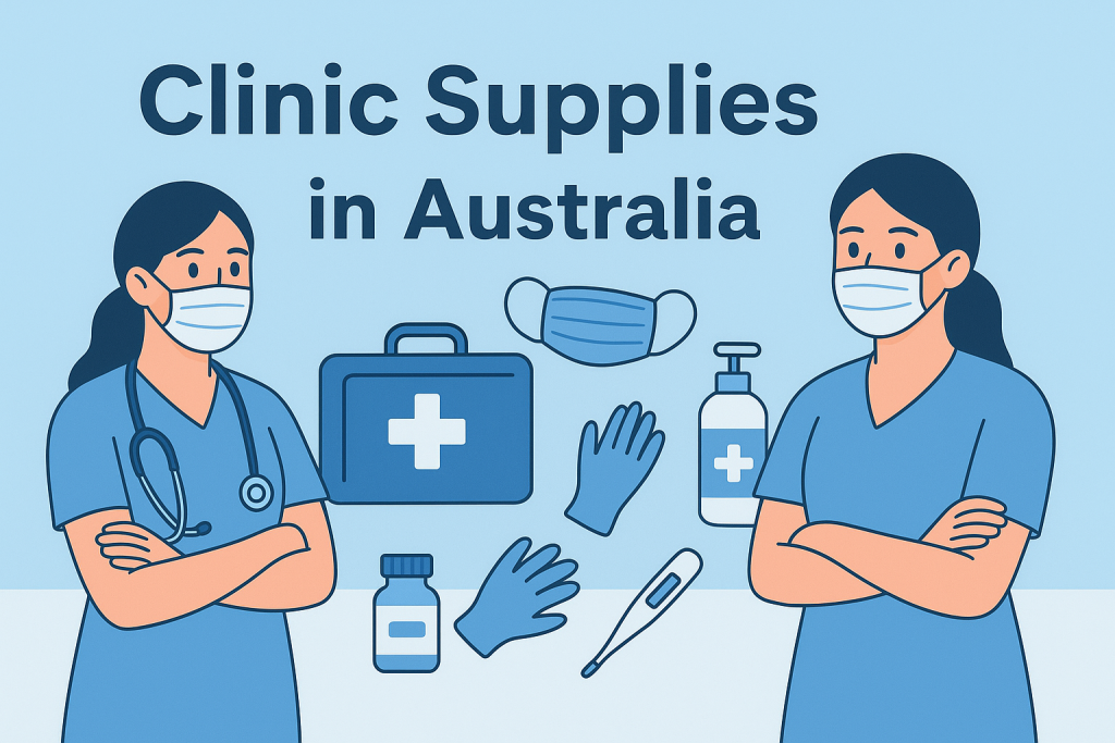 Clinic supplies in Australia featuring medical equipment, gloves, masks, sanitizer, thermometer, and healthcare professionals.