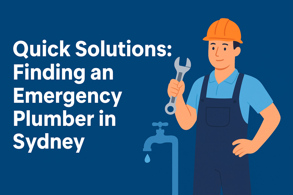 Illustration of an emergency plumber in Sydney holding a wrench next to a dripping faucet with text "Quick Solutions: Finding an Emergency Plumber in Sydney.