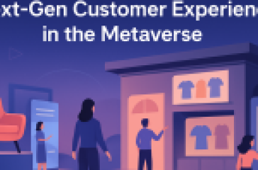 Digital illustration of a futuristic virtual shopping environment in the metaverse with diverse avatars exploring product displays and interactive panels. #Next-Gen #Customer