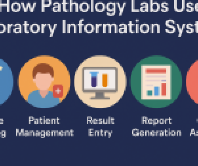Illustration showing how pathology labs use Laboratory Information Systems (LIS) to manage samples, data, and workflows efficiently.