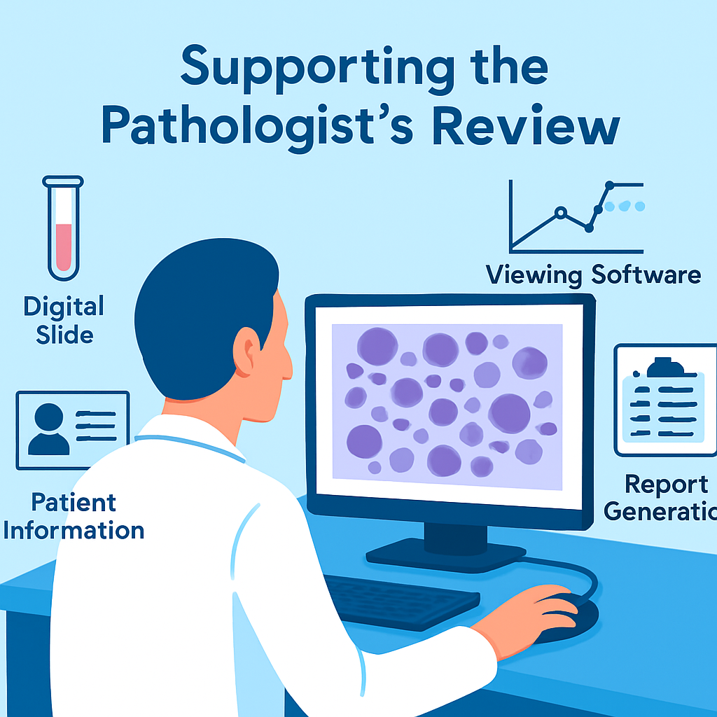 Illustration showing digital tools supporting a pathologist during specimen review in a modern laboratory setting.


