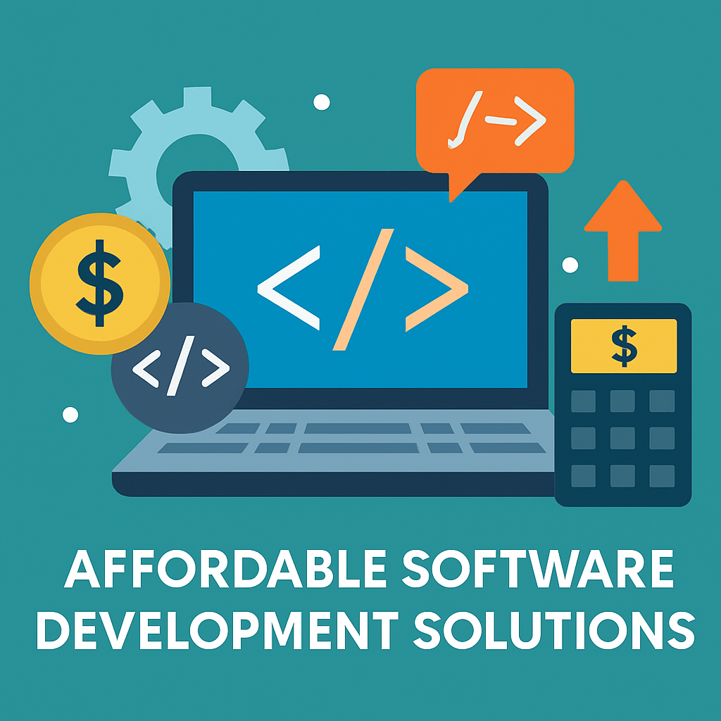 Affordable software development solutions illustration showing innovation and cost-effectiveness in a modern digital environment.