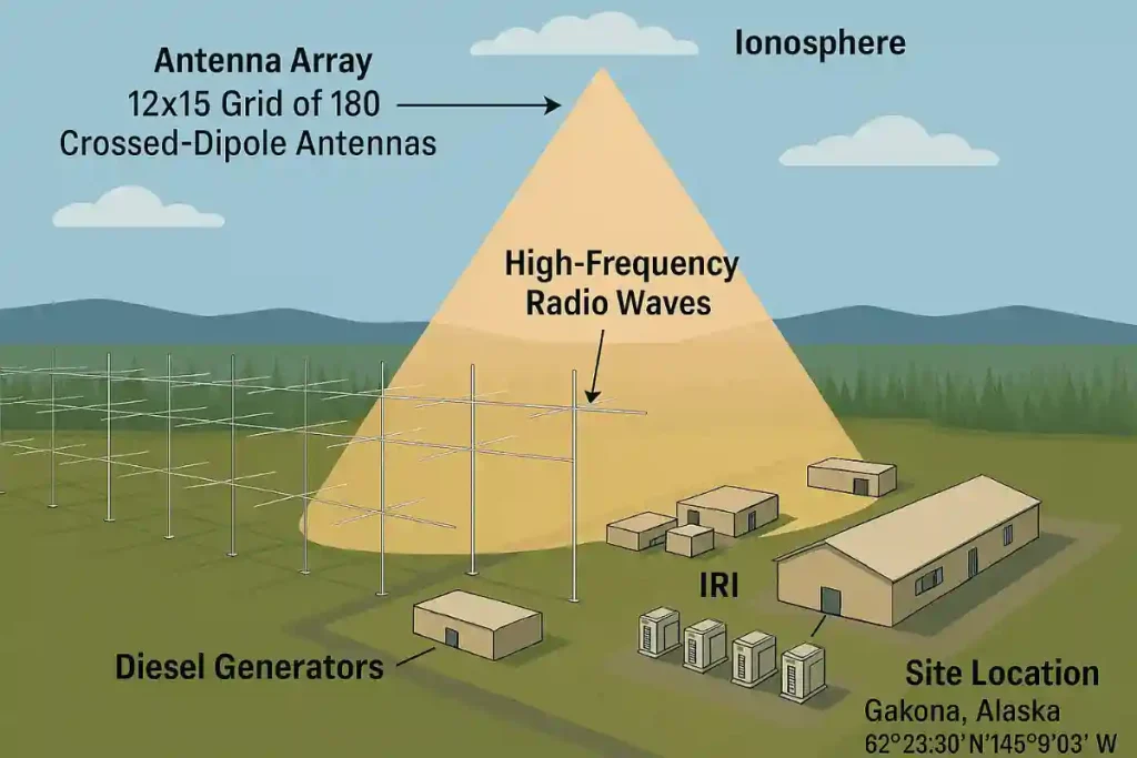 Diagram of HAARP facility showing 180 crossed-dipole antennas, high-frequency radio wave beam into the ionosphere, and labeled infrastructure including IRI and diesel generators.