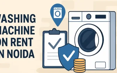 Illustration of washing machine rental in Noida with checklist, security shield, and savings coins