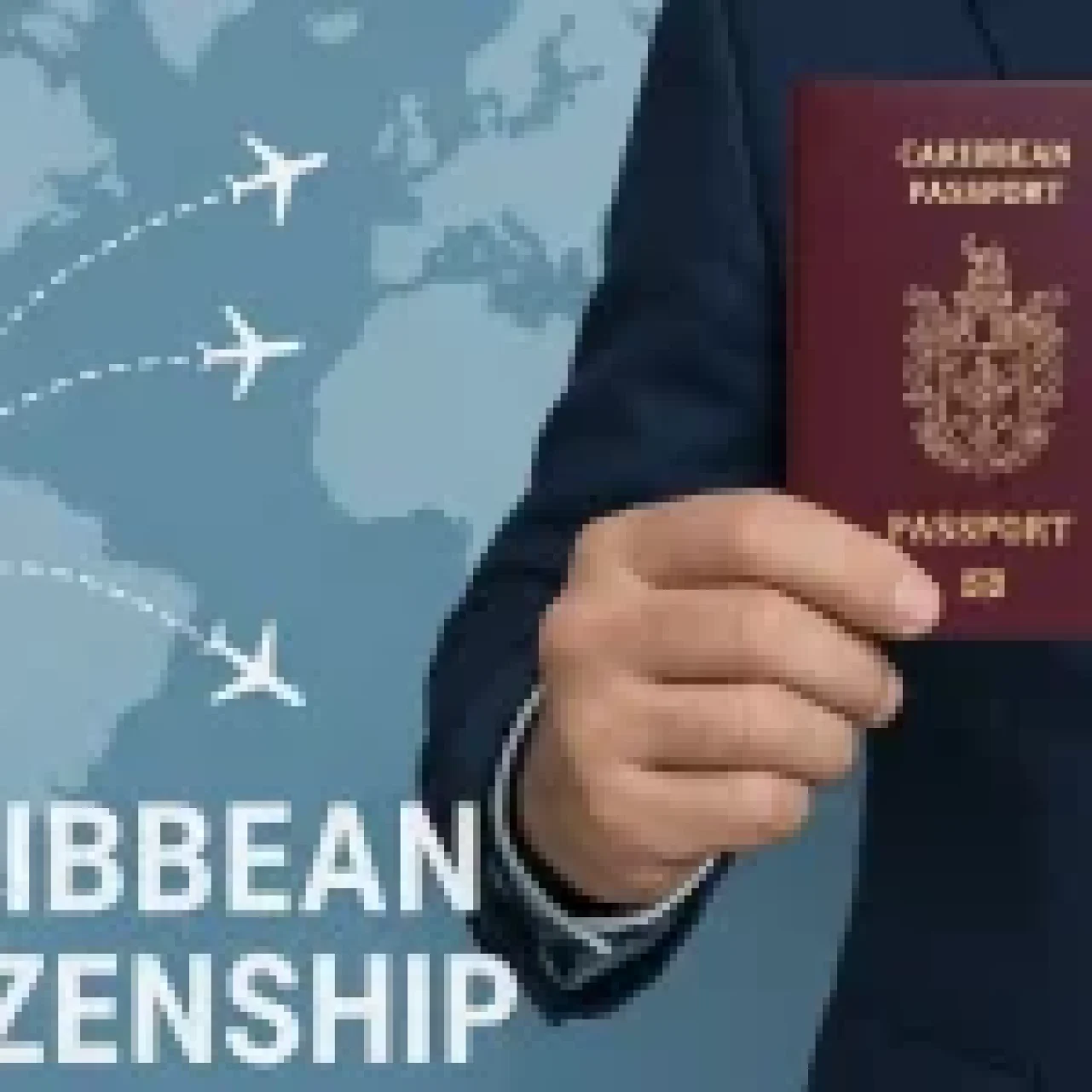 Hand holding a Caribbean passport with world map and airplanes symbolizing global citizenship and travel freedom.