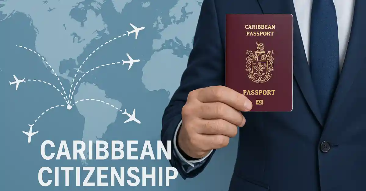 Hand holding a Caribbean passport with world map and airplanes symbolizing global citizenship and travel freedom.