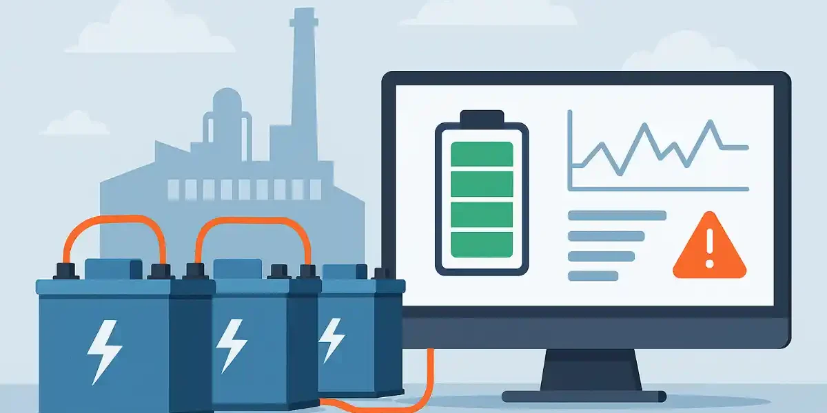 Illustration of three industrial batteries connected to a computer monitor displaying real-time battery status, including charge levels, performance graph, and a warning alert, against a factory background.